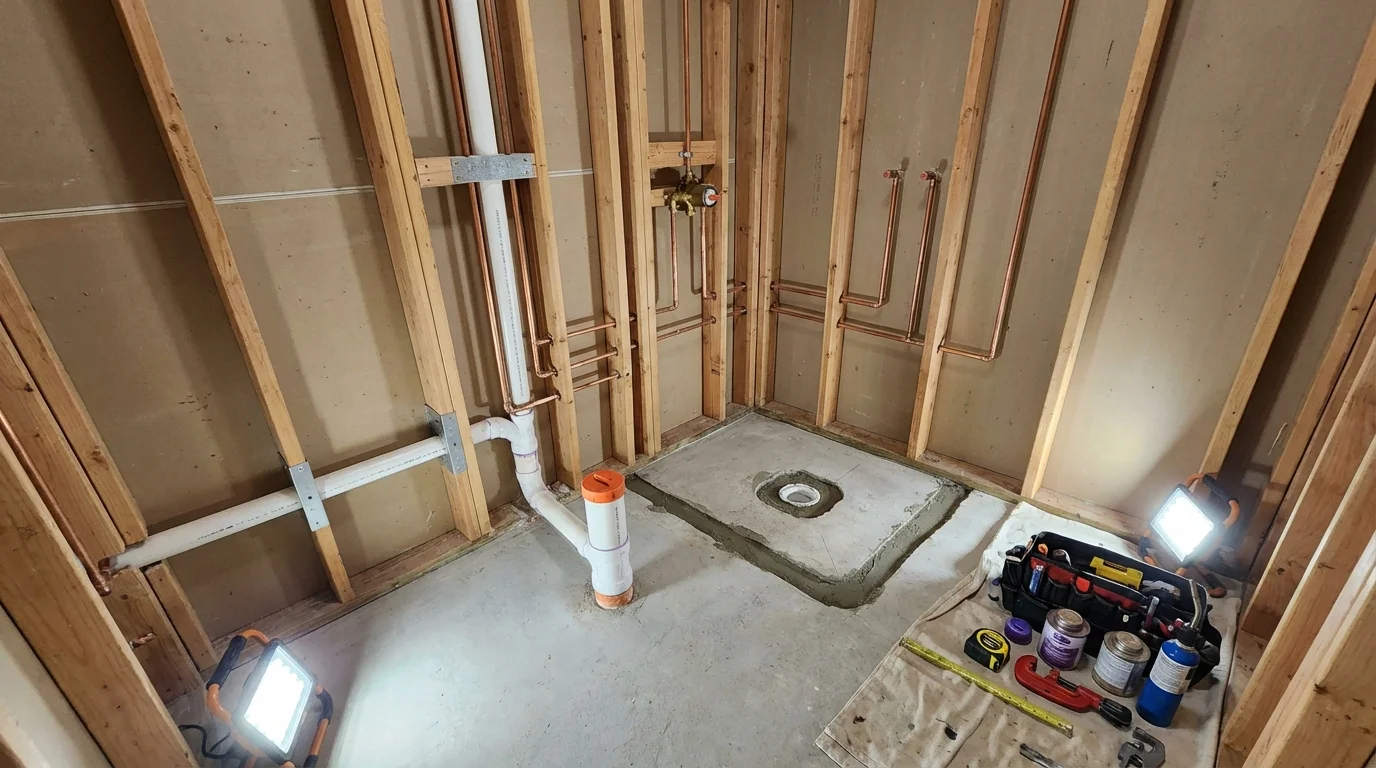 Bathroom rough-in plumbing during remodel by Johns Plumbing LLC in Polk City
