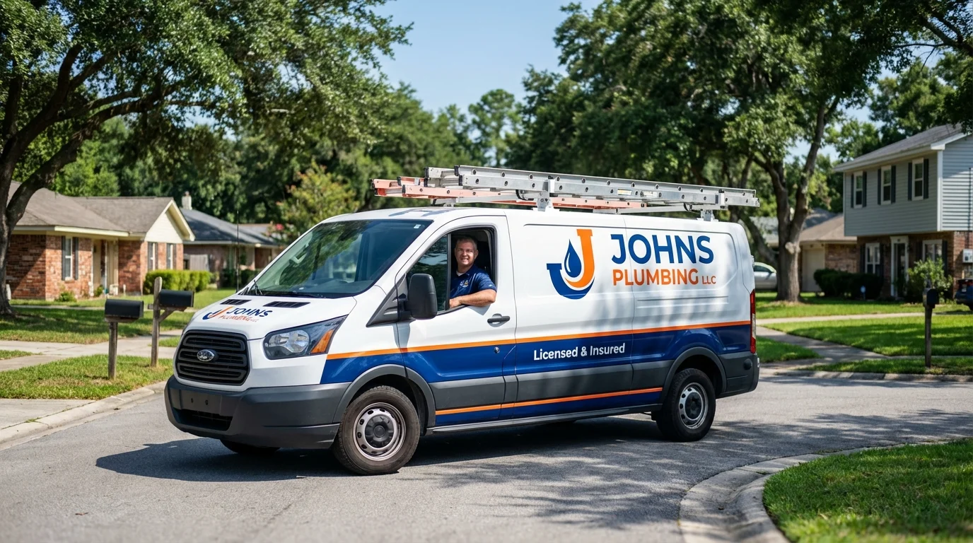 Johns Plumbing LLC service van in Polk City, IA