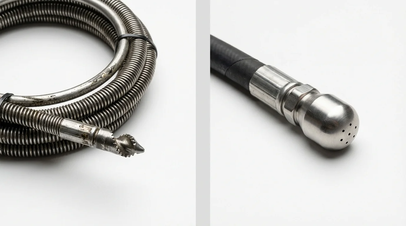 Drain snake cable and hydro jetting nozzle used for drain cleaning in Polk City, IA