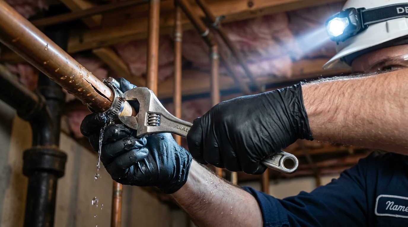Emergency pipe clamp repair being performed by a Johns Plumbing LLC plumber in Polk City