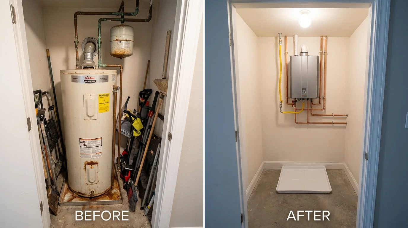 Tank water heater versus wall-mounted tankless unit comparison for Polk City, IA homeowners