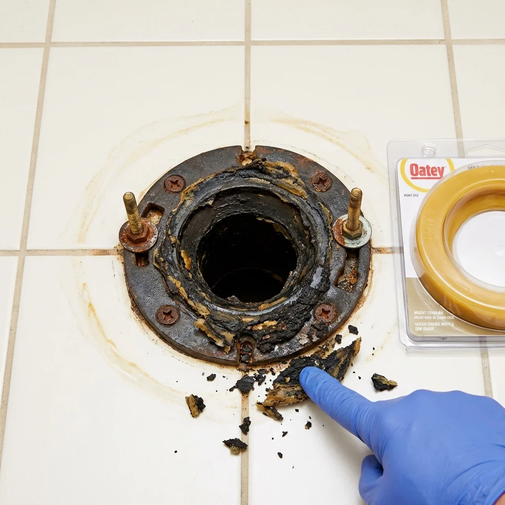 Failed wax ring showing water seepage at the base of a toilet in a Polk City, IA home
