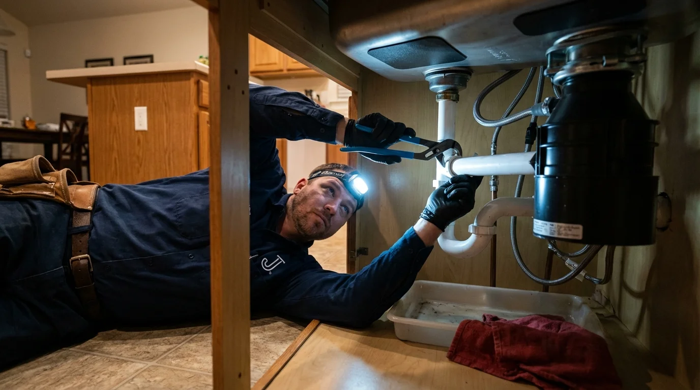 P-trap and supply line connections under a kitchen sink showing a common leak point in Polk City, IA